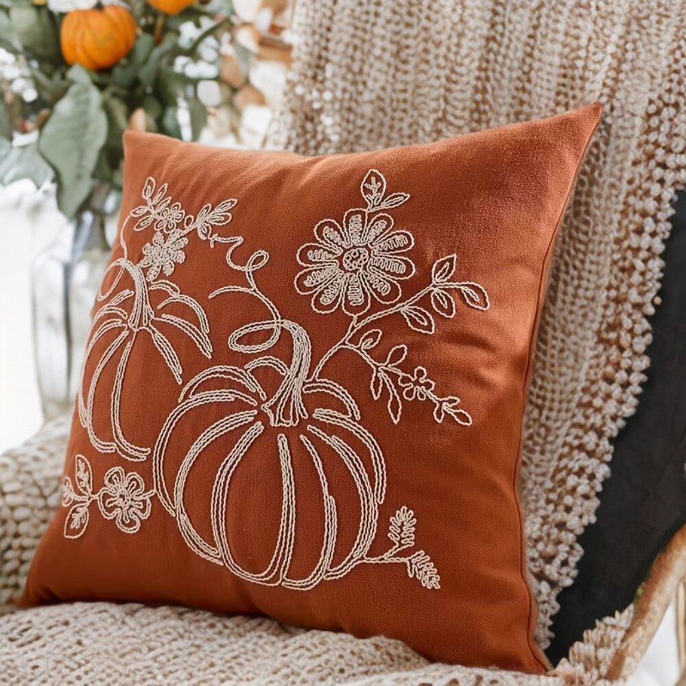 Pumpkin Pillow Cover Embroidered Accent Case Thanksgiving Farmhouse Fall Decor